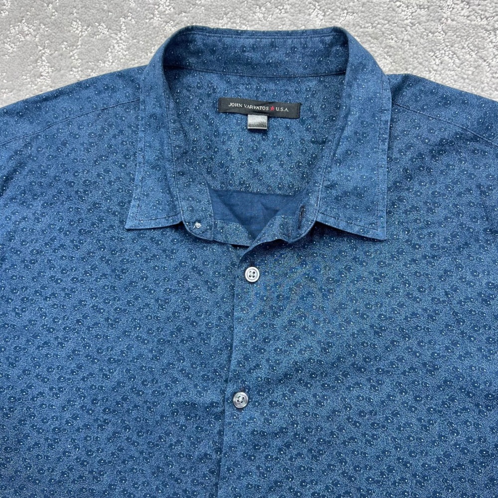 John Varvatos USA Shirt Mens M Blue Printed Short Sleeve Button Down Cotton